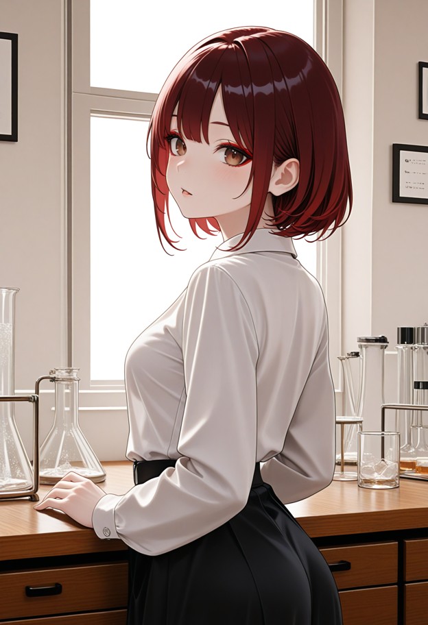 licking pussy,arching back,she is gripping hair,mouth open,boobs,black skirt,chemistry lab,wooden desks,glass beakers…