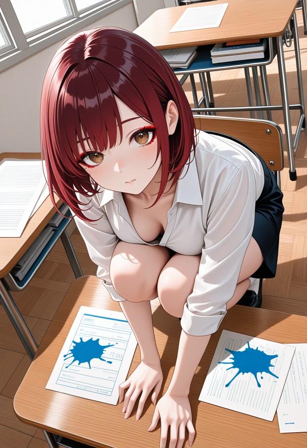 crouching under the desk looking up with a panicked expression,boobs,classroom,wooden desks,teacher's desk,blue paint…