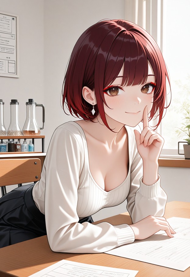 she is,sitting on wooden desk,leaning forward,tracing finger along jawline,happy,boobs,black skirt,chemistry lab,wood…