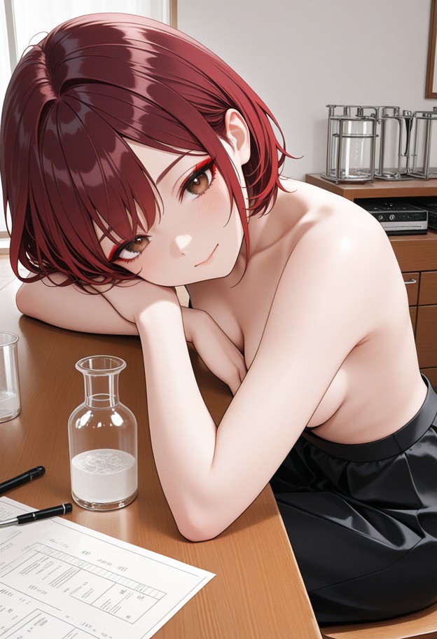 she is,leaning head on shoulder,happy,naked,boobs,black skirt,chemistry lab,wooden desks,glass beakers,bunsen burners…