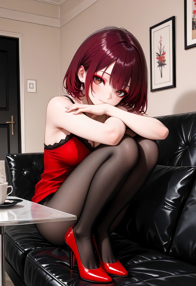 red camisole,black lace thong,red stiletto heels,leather sofa,living room,solo,playful,looking at viewer,arms crossed…