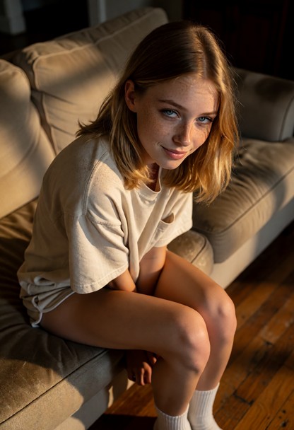 Location: dim living room in the evening with soft, warm ambient light casting long shadows across the worn fabric of…