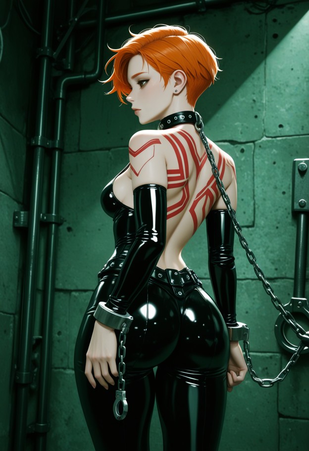arafed woman in latex with chains on her wrist,red stripes on back,back,cyberpunk art inspired by luis royo,cgsociety…
