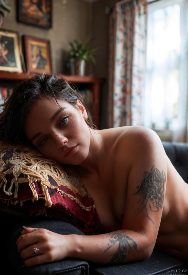 aurora is sleeping on the viewer's chest,she is,solo,sleeping,on side,closed eyes,naked,boobs,dim living room,pink an…