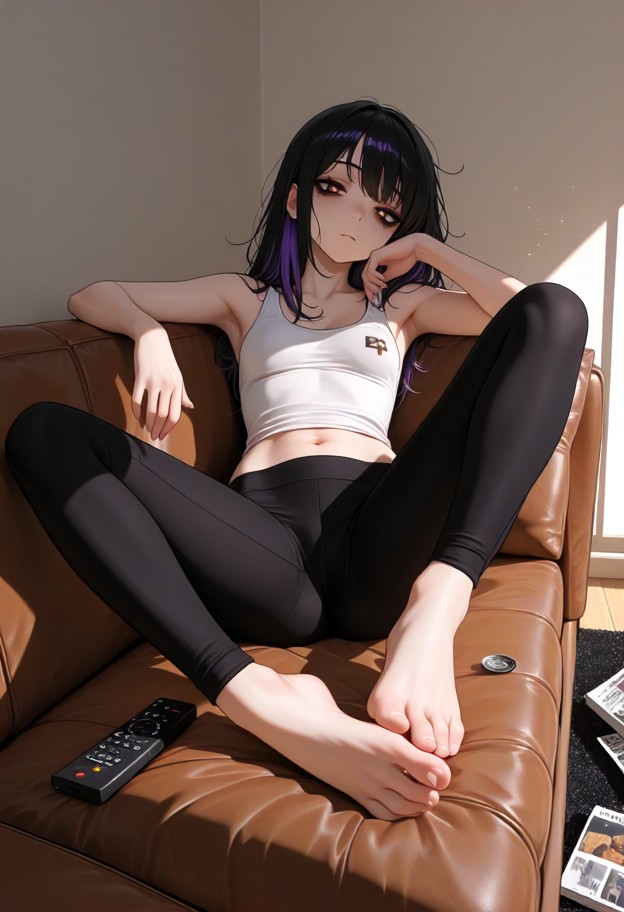 1girl,black yoga pants,white tank top,brown leather sofa,scratching bare foot on brown leather,watching tv,holding re…