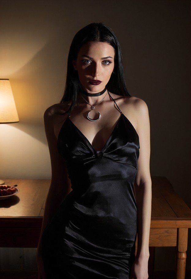 she is is touching her breasts,black silk dress,dimly lit room,shadows,small wooden table,glass on table,medium shot,…