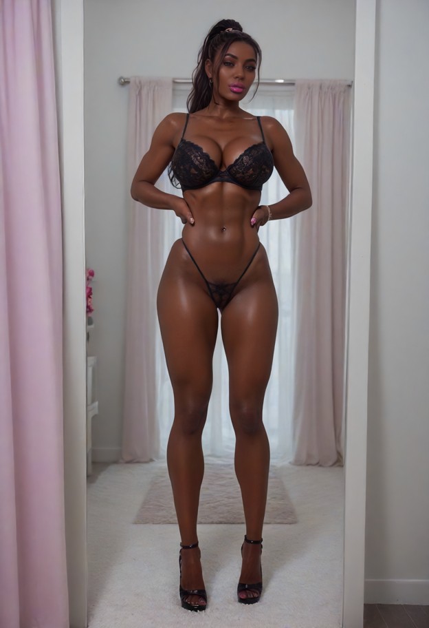 she is posing with hands on hips,solo,wearing black lace bra and thong,visible vibrator under thong,fitting room,full…