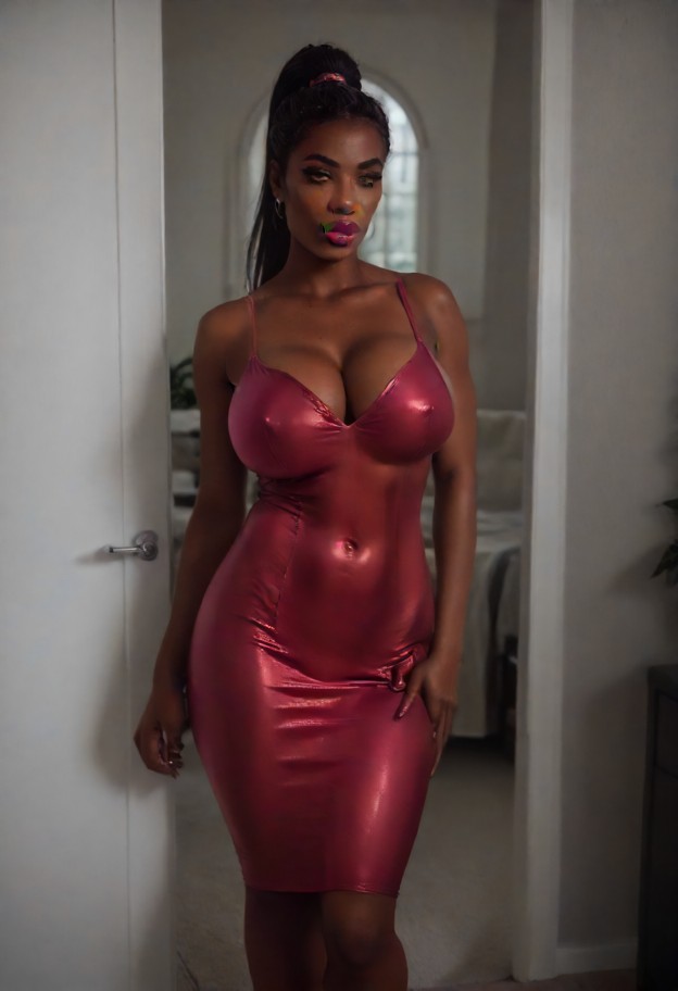 she is standing in bedroom doorway,red dress,bedroom,doorway,view from inside,soft lighting