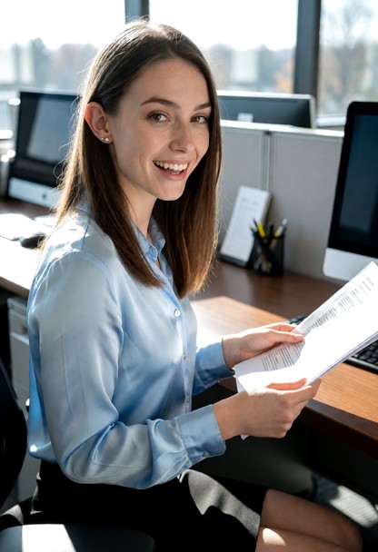 Location: bright morning in a modern office with soft sunlight streaming through large windows, illuminating polished…