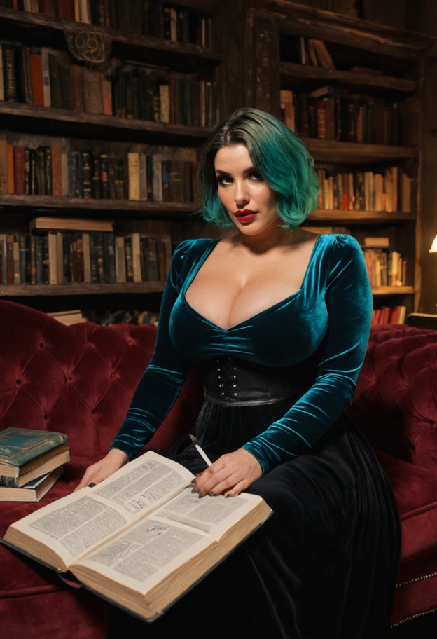 she is is sketching in a sketchbook while sitting on a velvet sofa,blue silk blouse,black skirt,dusty attic library,t…