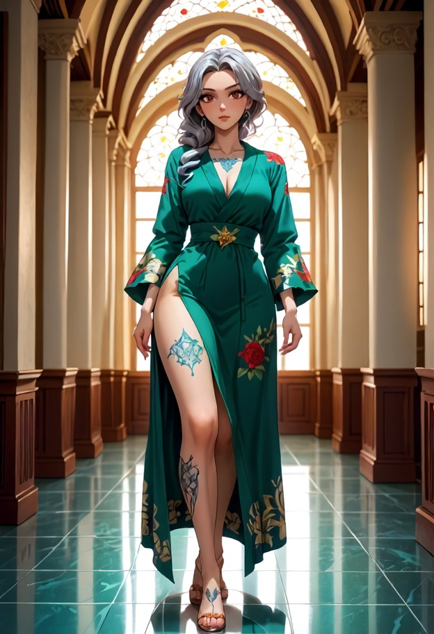zara is walking backward toward the hallway looking back over her shoulder,silk robe,emerald green robe,dim kitchen,w…