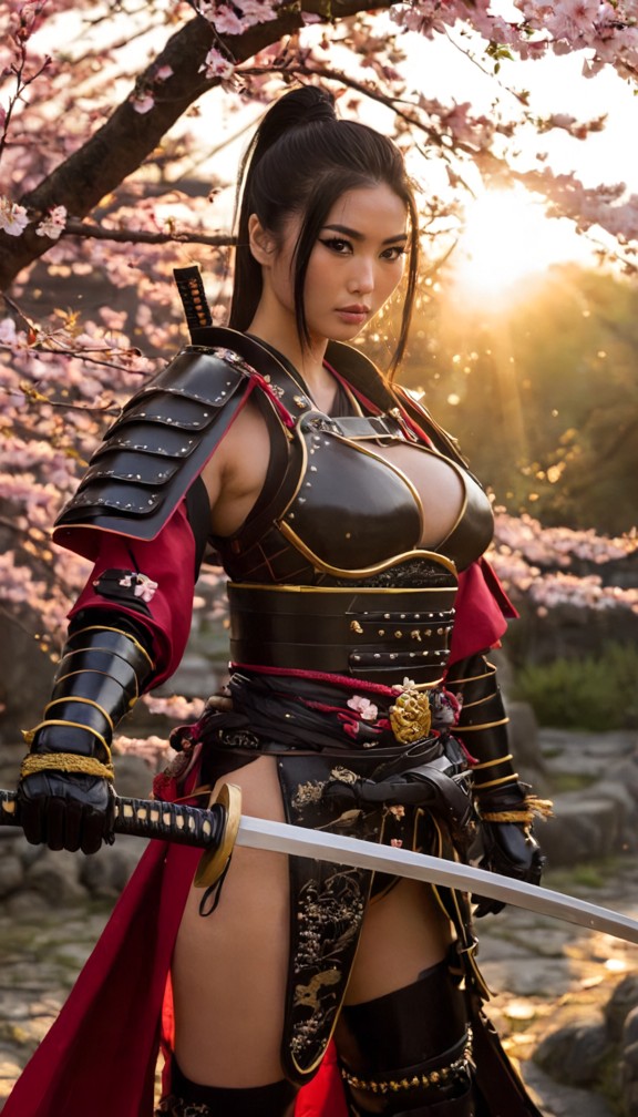 a fierce female samurai standing under a blooming cherry blossom tree,wearing intricate crimson and gold lacquered sa…