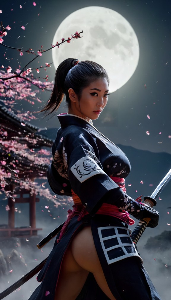 "a female samurai engaged in a duel under the full moon,her sword clashing against an opponent's. her kimono sways wi…