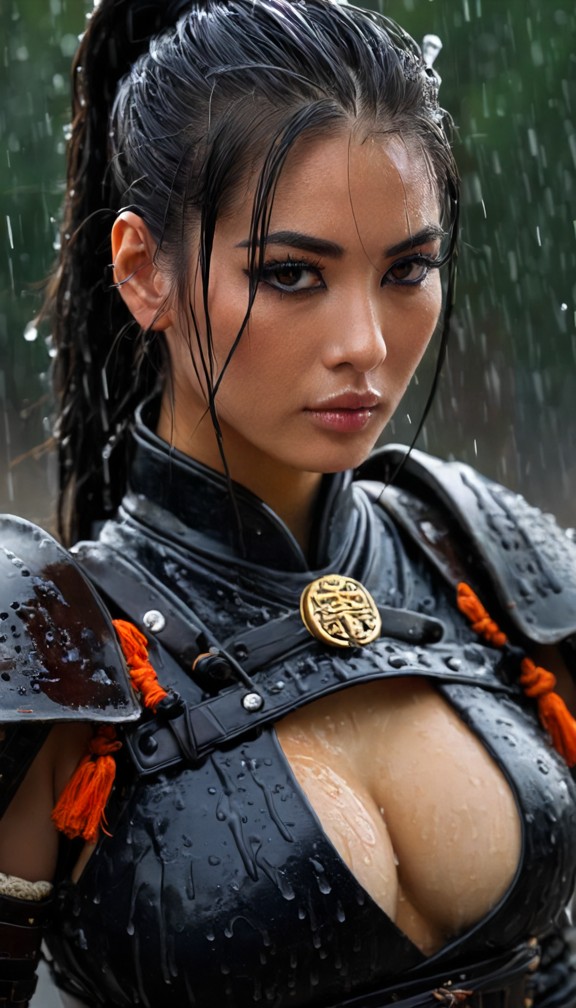 extreme close-up portrait of a battle-worn female samurai,rain dripping off her face and scarred steel armor,intense …