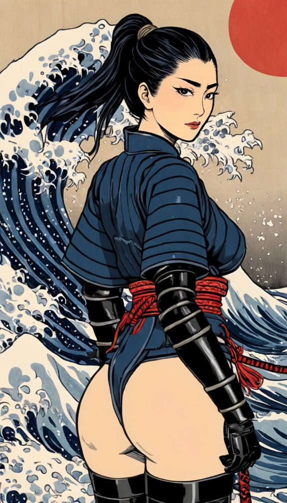 female samurai warrior in traditional o-yoroi armor,ukiyo-e woodblock print style,hokusai-inspired waves crashing beh…