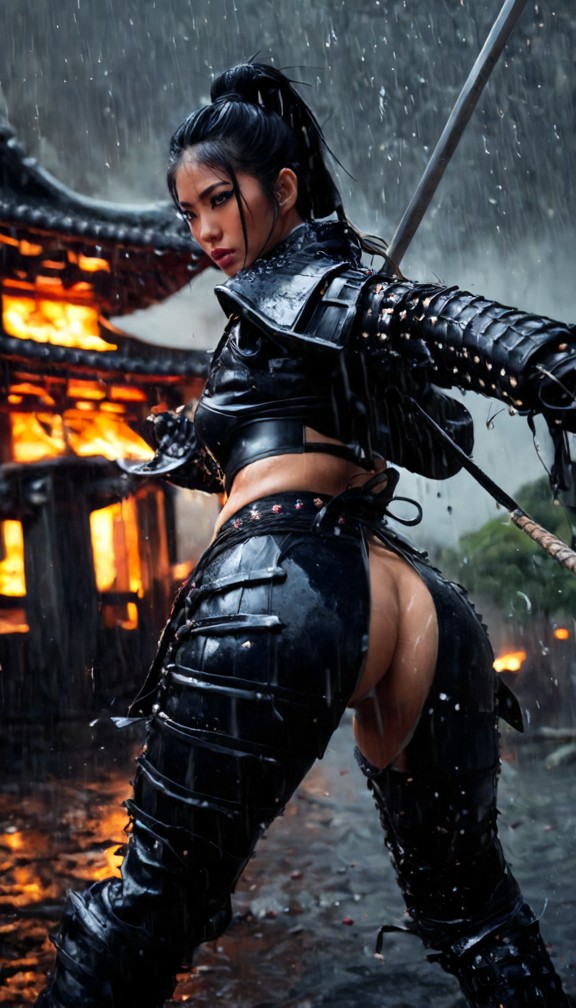 onna-bugeisha samurai woman mid-swing with naginata,dynamic motion blur,sparks and rain flying,burning castle in back…
