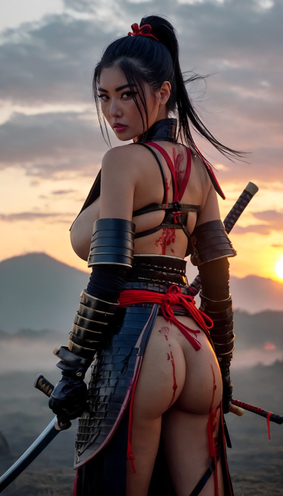 "a female samurai standing on a misty battlefield at sunrise,her long black hair tied back with a crimson ribbon. she…