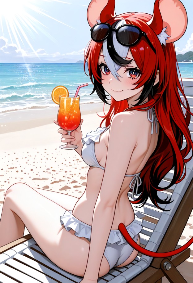 1girl,solo,sunglasses on her head,cute frilled bikini,relaxing on a beach lounge chair,drinking a tropical juice,hold…