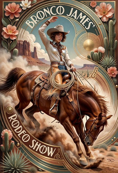 Create a vintage 1920s Art Deco rodeo advertisement featuring rich earth tones, warm desert colors, muted terracotta,…