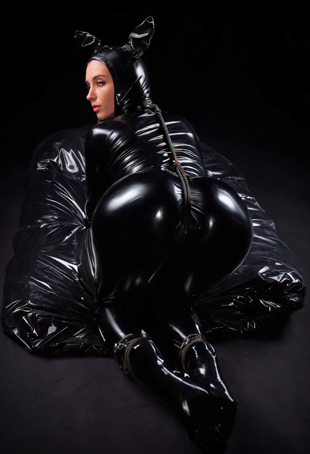 (full body shot:1.4),(wide angle view:1.2),(from behind:1.5),(back view:1.4),(lying on the floor:1.4),(woman enclosed…