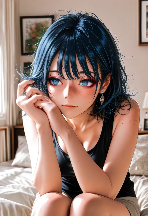 1girl sitting on a messy bed wearing a loose black tank top,leaning forward and gently brushing hair,with her engagem…