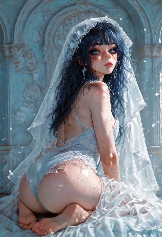 an oil painting-style portrait of a madonna-like figure: full body figure,white flowing robe with a soft pink lining,…