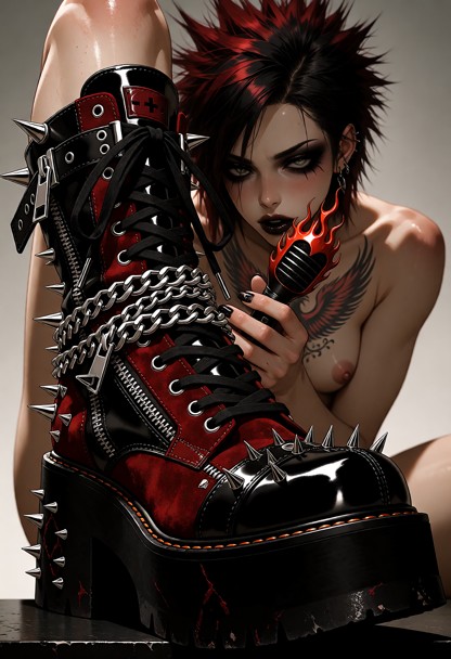 A high-fashion three-quarter portrait of a woman sitting down in an edgy pose, highlighting her extreme footwear. The…