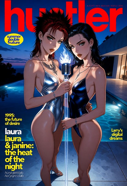 two female models, laura and janine, iconic august 1995 hustler magazine cover, mid-90s cinematic duo photography. th…