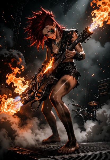 subject: a divine, barefoot female lead guitarist performing in a trance-like state, her head bowed in an ecstatic, p…