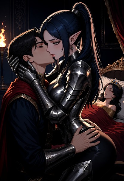 shes kissing a prince next to a luxurious bed where a girl(princess) is sleeping, in a dark room lite by torchlight, …