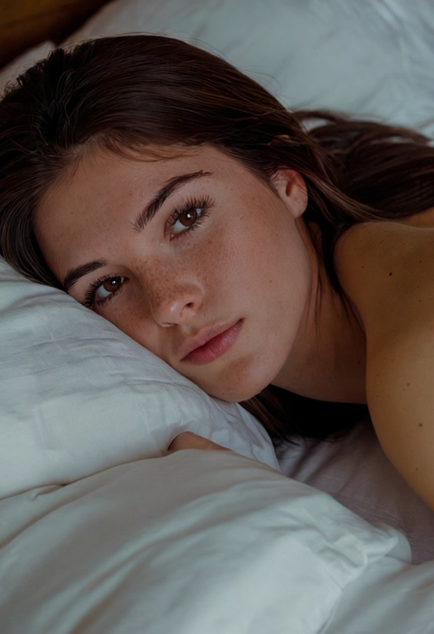 viviana is sleeping on the bed,naked,rumpled white linen sheets,dark wood headboard,dim blue tones,medium shot,soft s…
