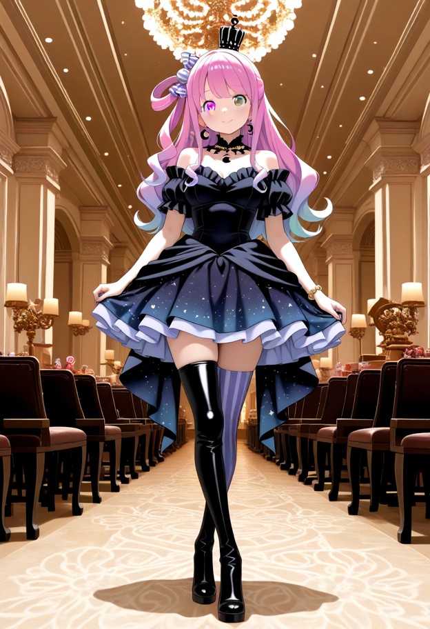 a she is is standing in a ballroom wearing an evening dress with a slit,stockings,and thigh high leather boots,ballro…