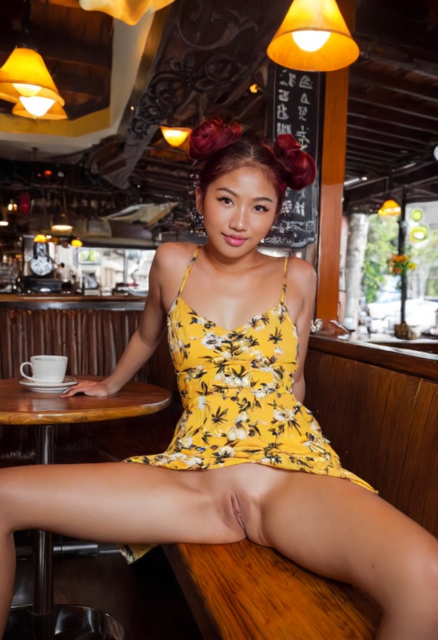 yuki is sitting in a booth with her thighs spread wide and her head tilted back,light yellow floral print cotton sund…