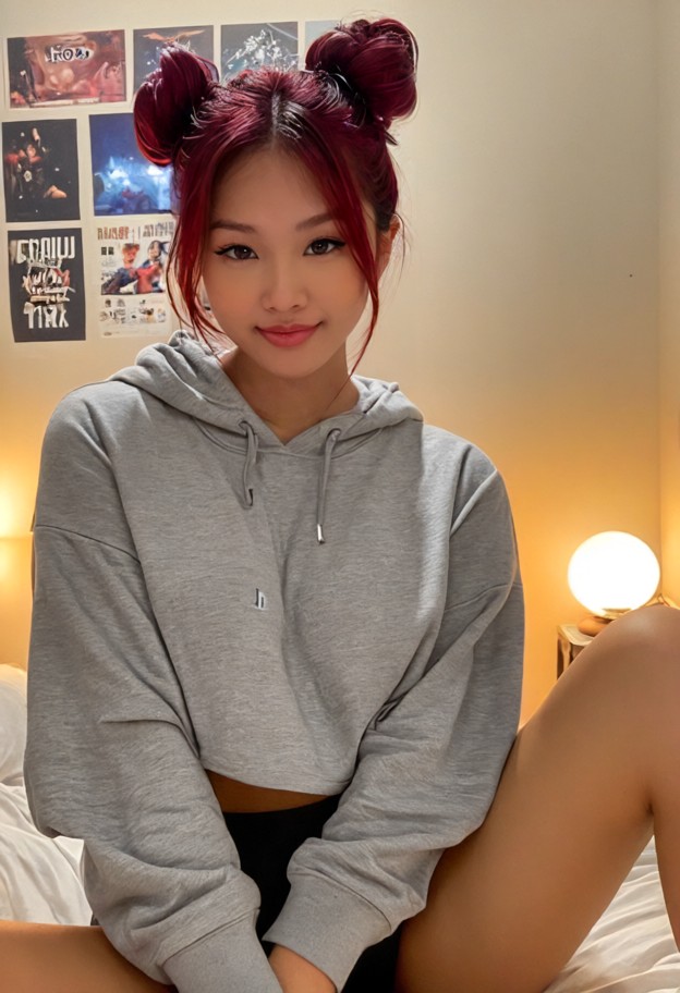 she is is sitting cross-legged on a bed,oversized grey cotton hoodie,dorm room,unmade bed,messy desk,posters on wall,…