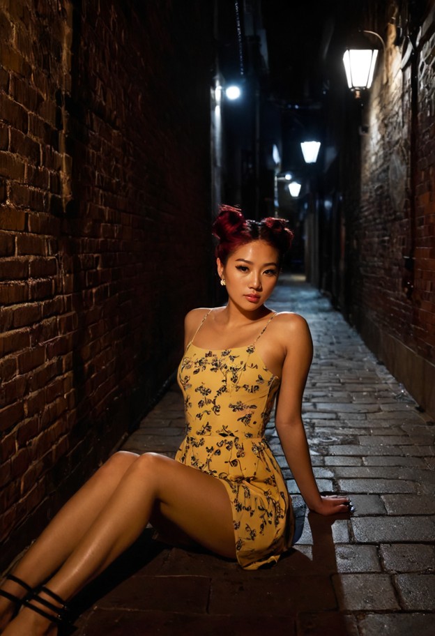 yuki sits on her heels in a dim alleyway,solo,light yellow floral print cotton sundress,small silver stud earrings,na…