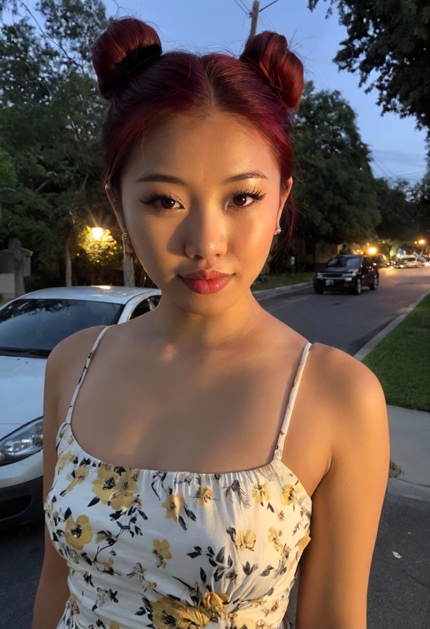 yuki is about to kiss the viewer,she is,solo,about to kiss,facing viewer,light yellow floral print cotton sundress,si…