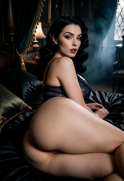 A dark romantic boudoir portrait set in 19th-century Transylvania. Valeria is lying sensually on a luxurious gothic b…