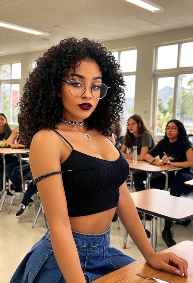 she is sitting at a table gripping a silver fork,denim jacket,black crop top,short blue cotton skirt,crowded school c…