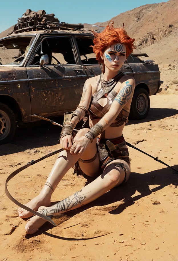 1girl,solo,tribal wasteland survivor,((drawing one single massive 
mechanical recurve bow)),(knees bent separately on…