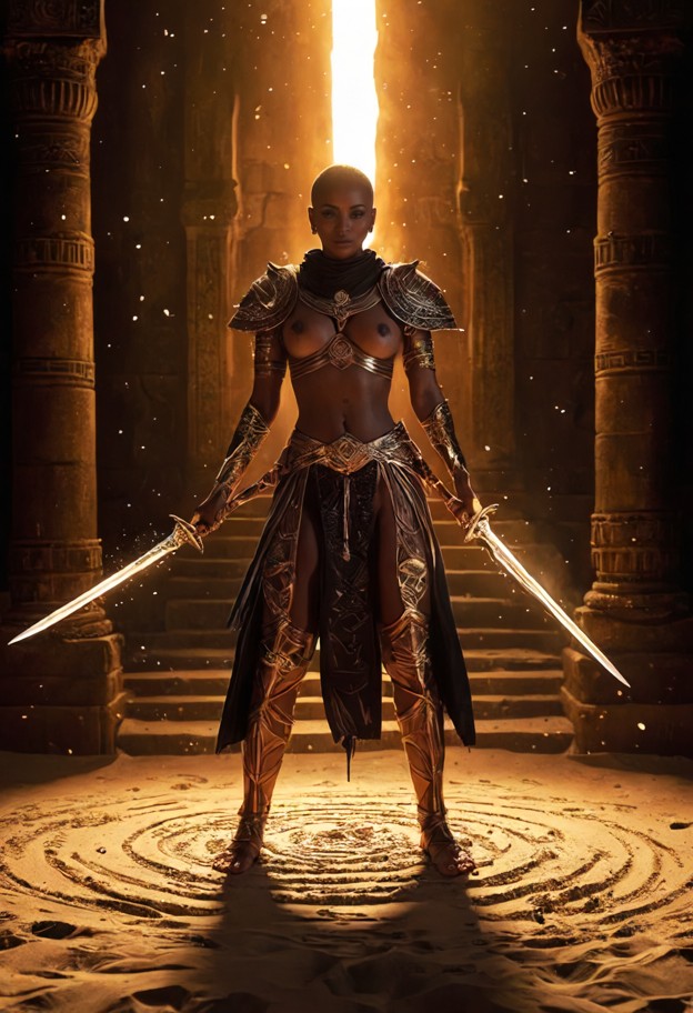 cinematic
 fantasy shot of a powerful female sand-mage standing in the center of a
 dark,ancient sandstone temple. sh…