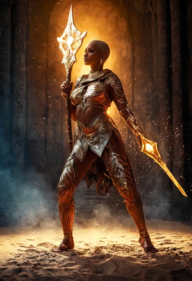 cinematic
 fantasy shot of a powerful female sand-mage standing in the center of a
 dark,ancient sandstone temple. sh…