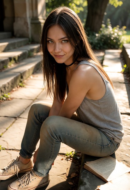 Location: late afternoon outside a quiet library with weathered stone steps and the faint scent of old paper, with so…