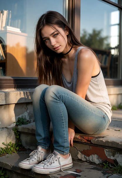 Location: late afternoon outside a quiet library with weathered stone steps and large glass windows reflecting the so…