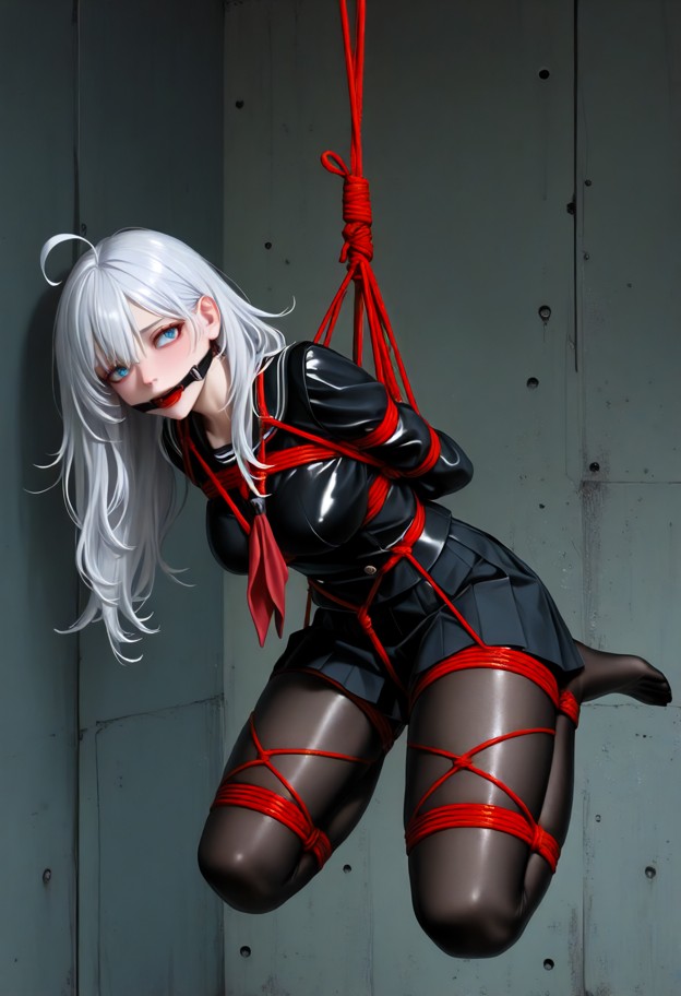 1girl,tied up,shibari,((full body hanging)),full body hang,in air,hands behind back,gag,bondage,domina,smokey eyes,da…