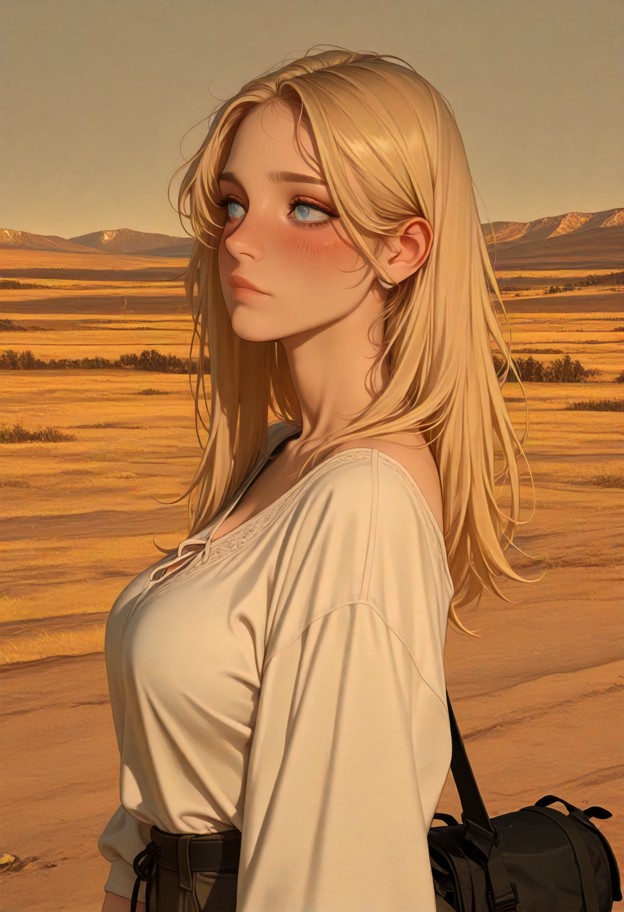 1girl(short blonde chin-length loose hair:1.7),standing,hiking boots,trousers,white blouse,desert,dunes,warm tone,yel…