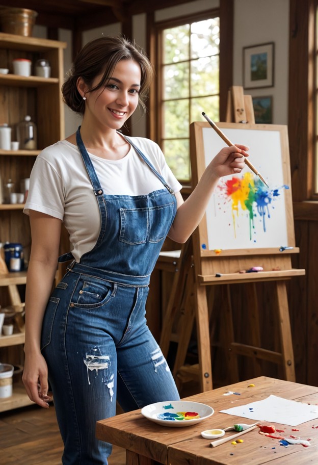 she is is standing by a wooden table and smiling,paint-splattered apron,white cotton shirt,blue denim jeans,art studi…