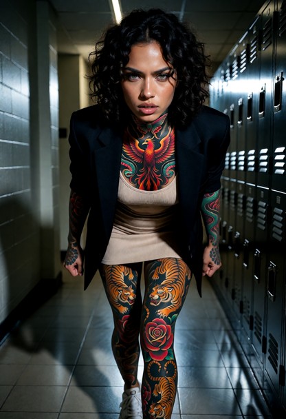 Location: dim hallway at night with cold metallic lockers reflecting the low overhead fluorescent lights and a pale g…