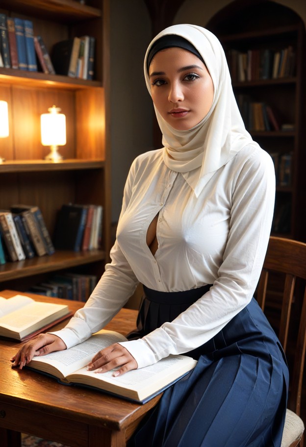 she is is sitting at a wooden table with a textbook open,white cotton blouse,blue pleated skirt,study hall,bookshelve…