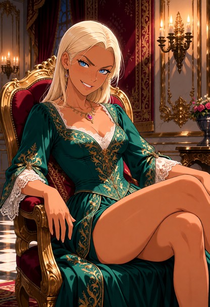 Location: a grand palace chamber with ornate golden molding, rich crimson tapestries, and warm candlelight flickering…