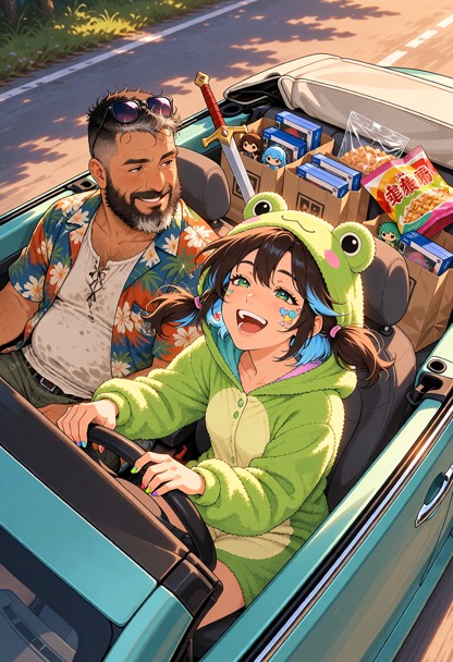 A joyful, golden-hour photograph shot from a slightly elevated aerial angle, looking down into a teal New Beetle conv…